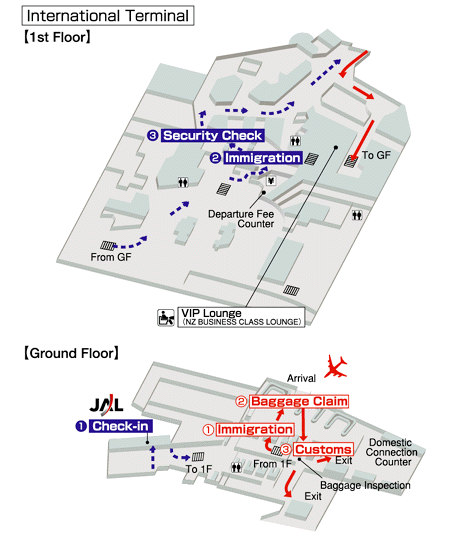 Terminals layout of airlines JAL in Auckland International Airport