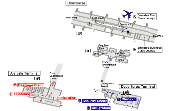 Terminals layout of airlines JAL in Dubai International Airport
