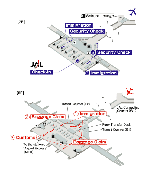 Terminals layout of airlines JAL in Hong Kong International Airport