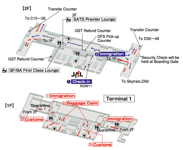 Terminals layout of airlines JAL in Singapore Changi International Airport
