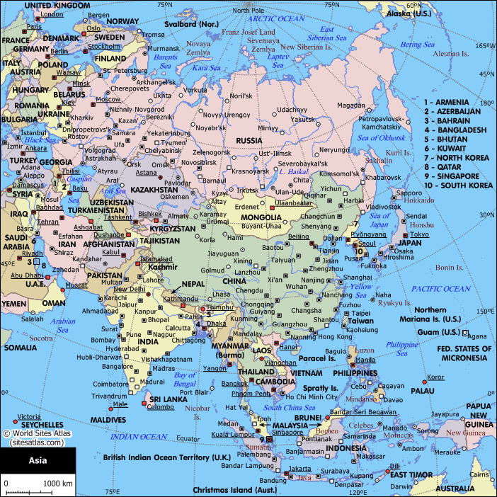 Map of cities in Asia
