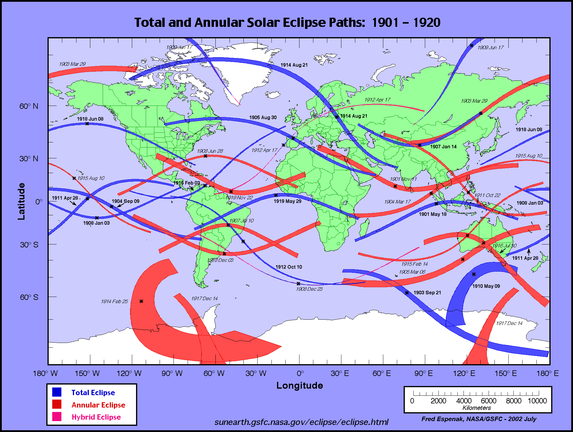 Total and annular solar eclipse paths: 19011920