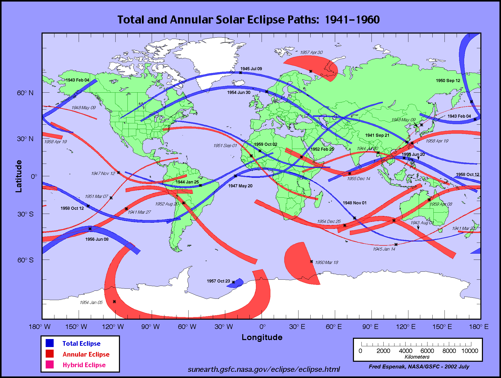Total and annular solar eclipse paths: 19411960