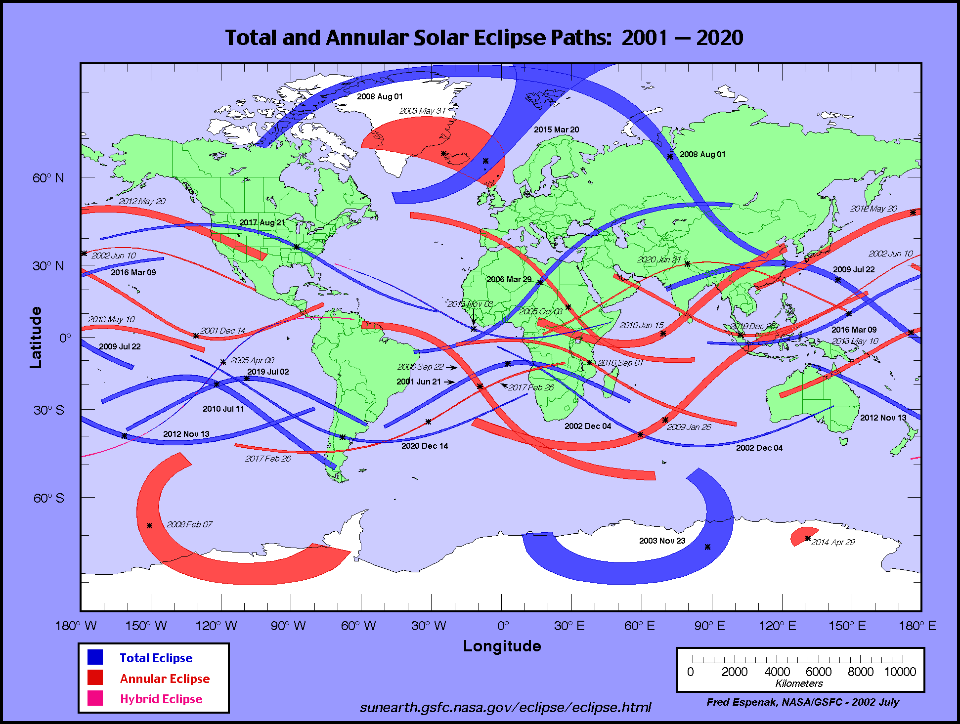 Total and annular solar eclipse paths: 20012020