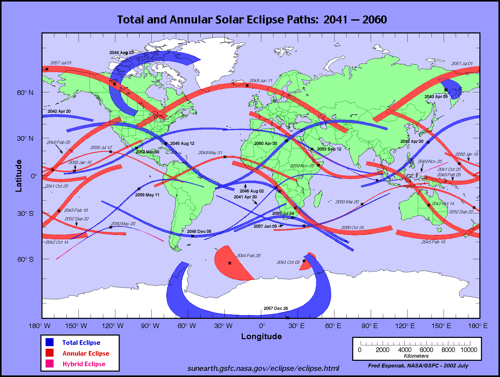 Total and annular solar eclipse paths: 20412060