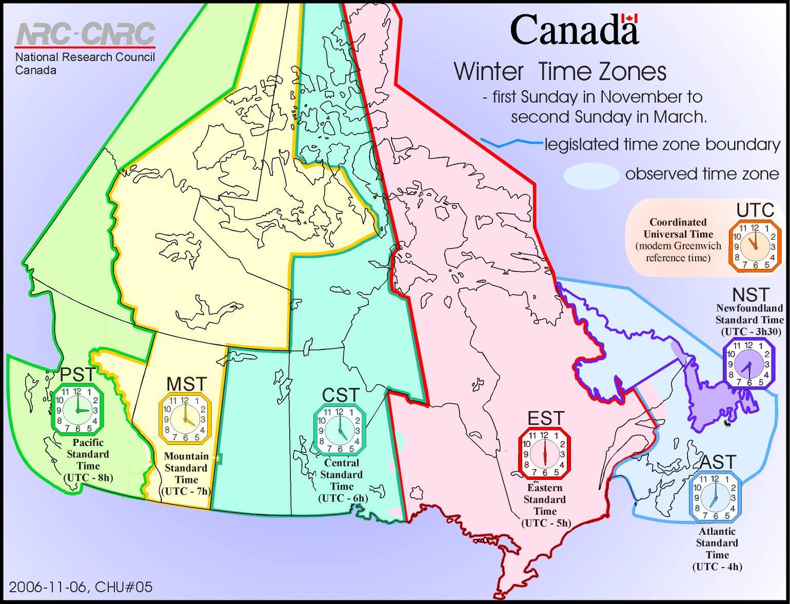 Map of time zones of Canada (standard time)