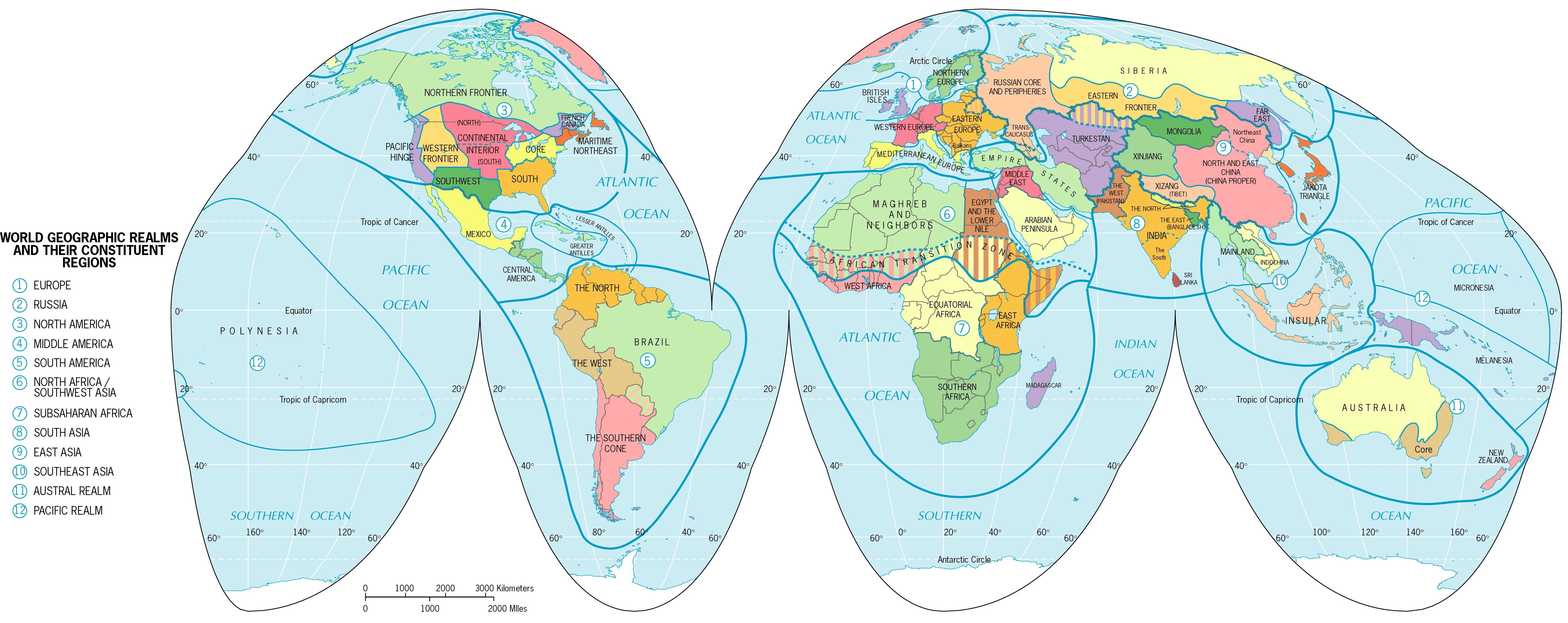 Map of world geographic realms and their constituent regions