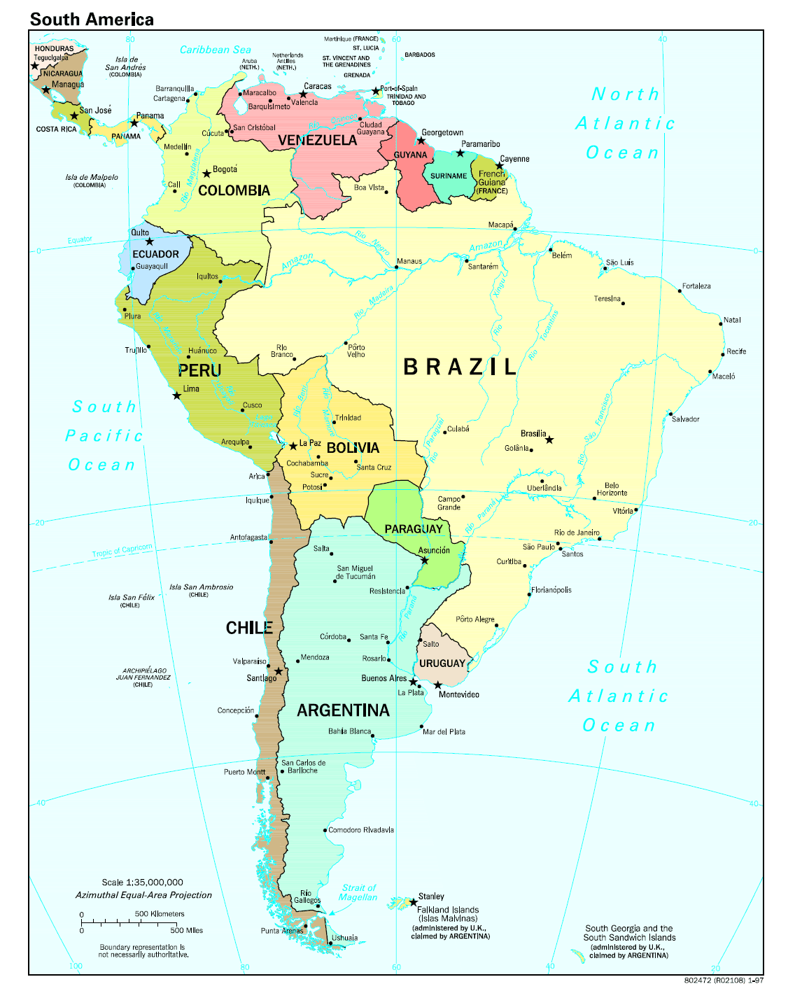 Political map of the South America