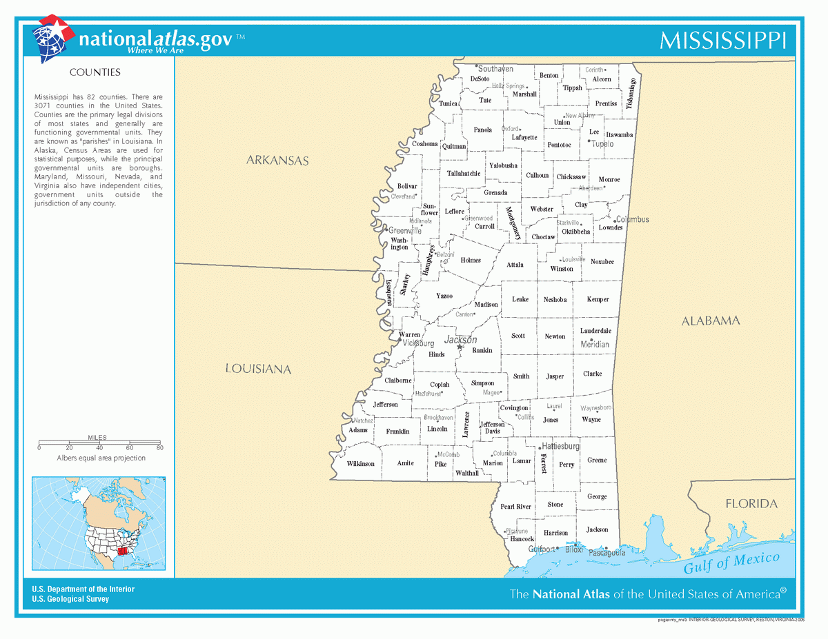 Map of counties of Mississippi
