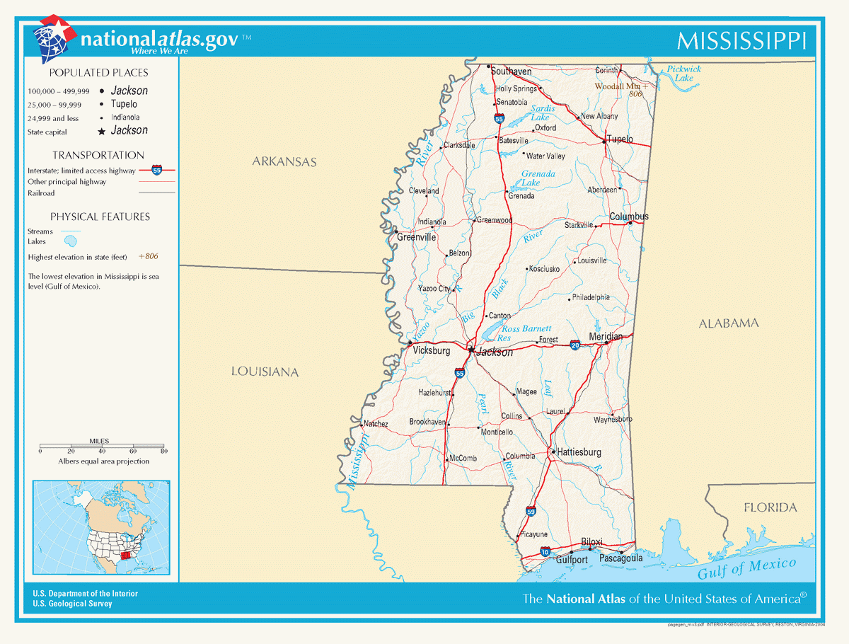 Map of roads of Mississippi