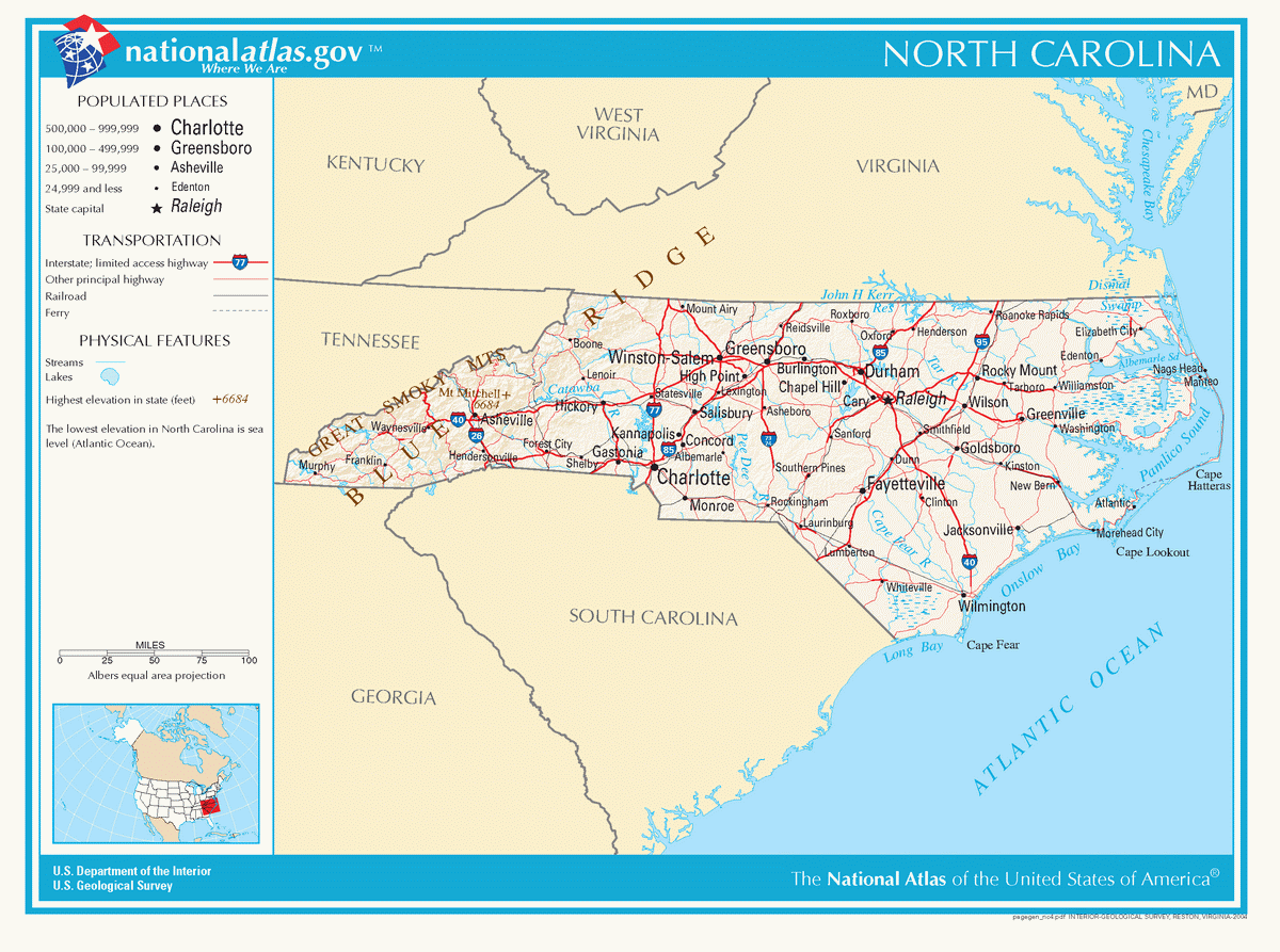 Map of roads of North Carolina