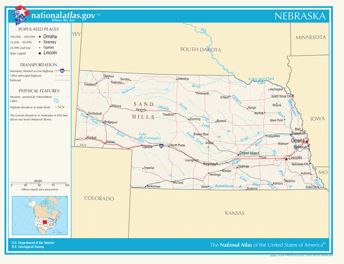 Map of roads of Nebraska
