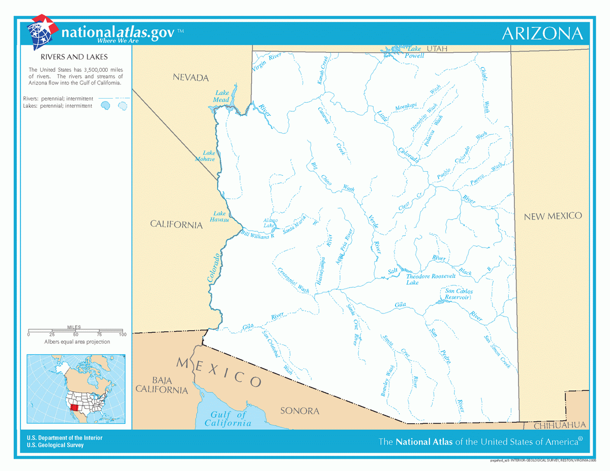 Map of rivers and lakes of Arizona