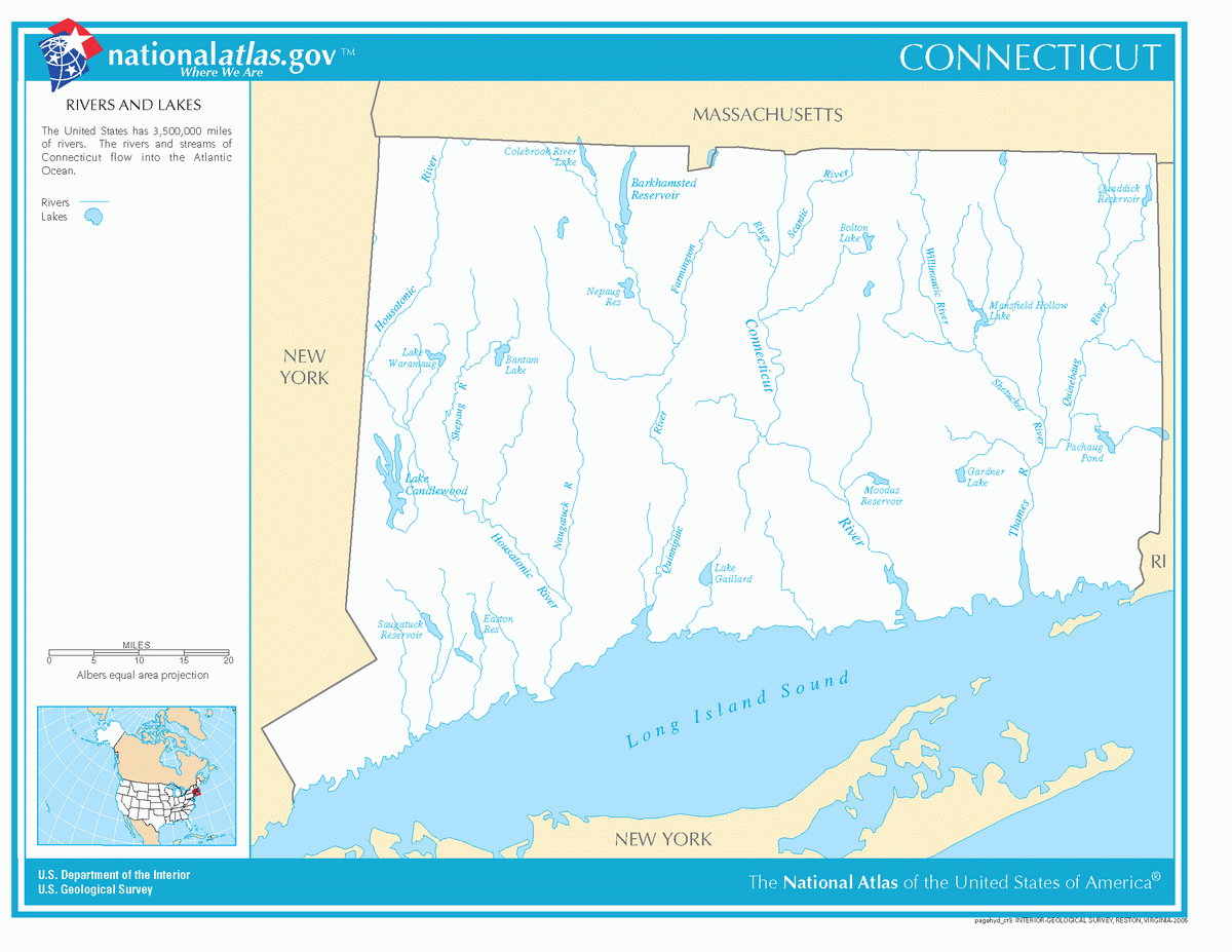 Map of rivers and lakes of Connecticut