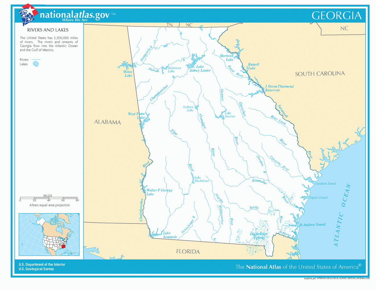 Map of rivers and lakes of Georgia