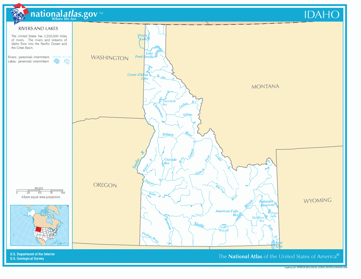 Map of rivers and lakes of Idaho