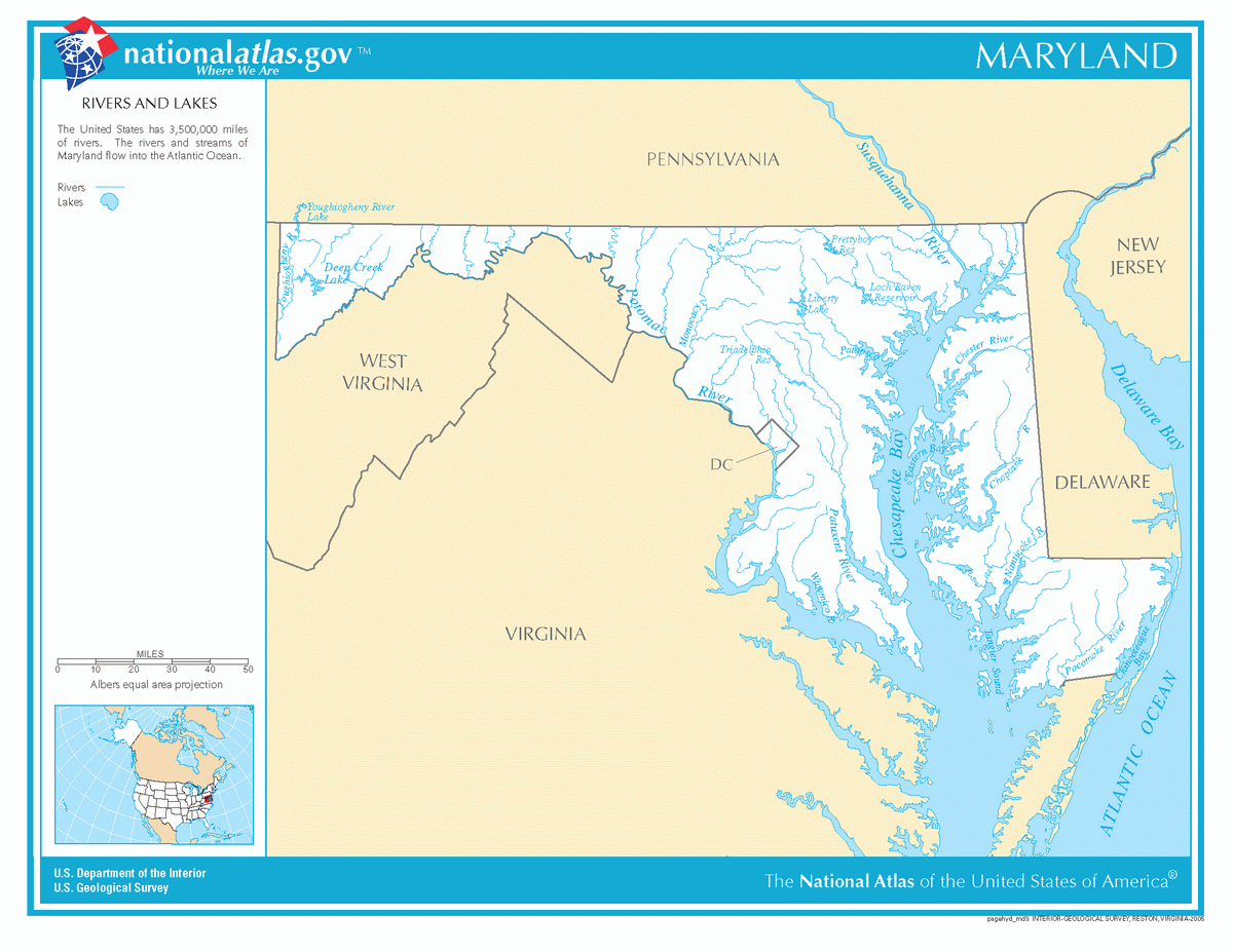 Map of rivers and lakes of Maryland
