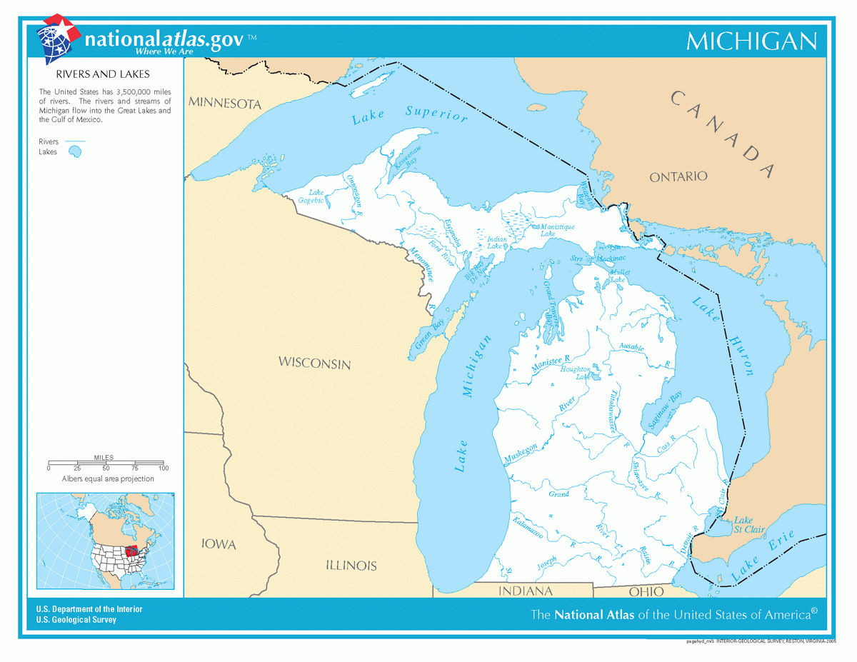 Map of rivers and lakes of Michigan