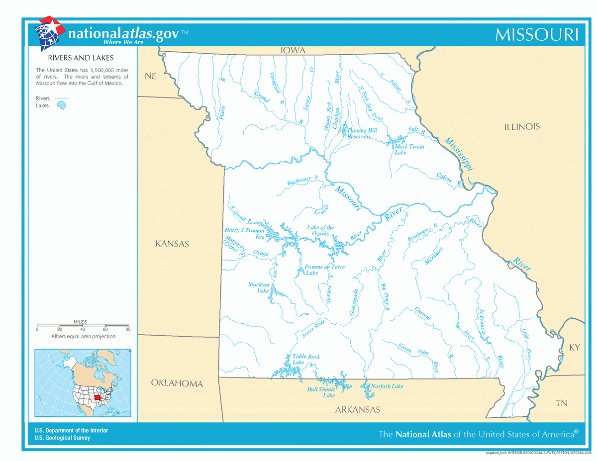 Map of rivers and lakes of Missouri