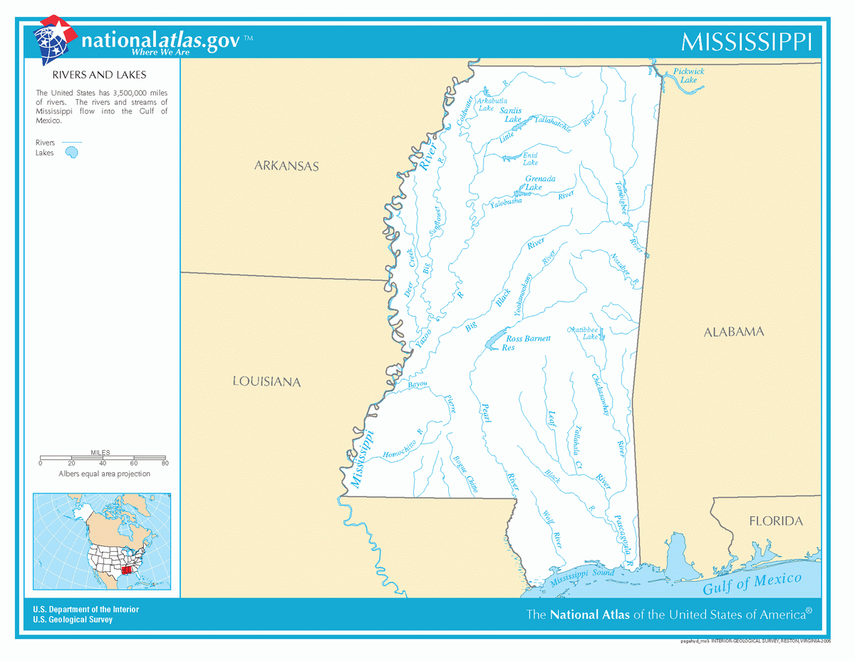 Map of rivers and lakes of Mississippi