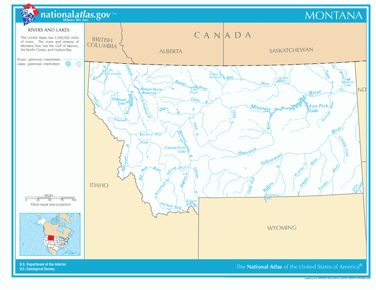 Map of rivers and lakes of Montana