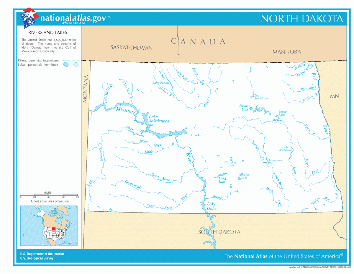 Map of rivers and lakes of North Dakota