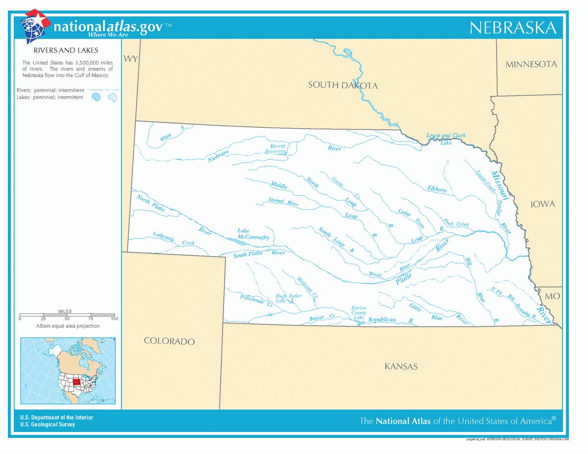 Map of rivers and lakes of Nebraska
