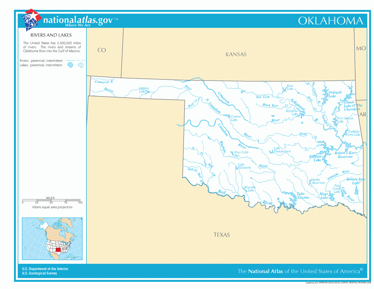 Map of rivers and lakes of Oklahoma