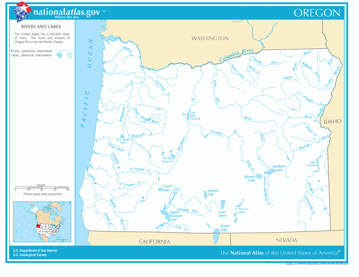 Map of rivers and lakes of Oregon