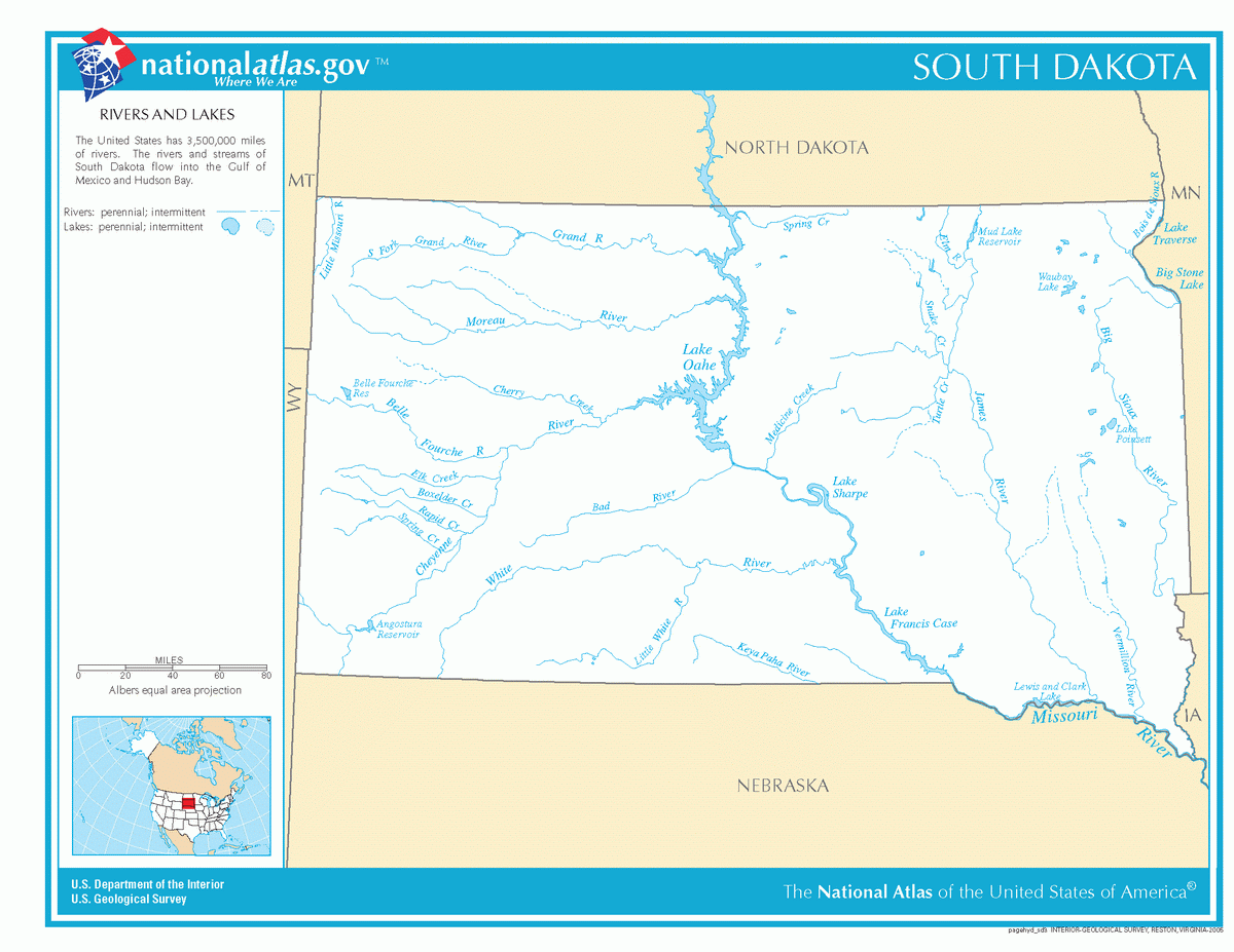 Map of rivers and lakes of South Dakota