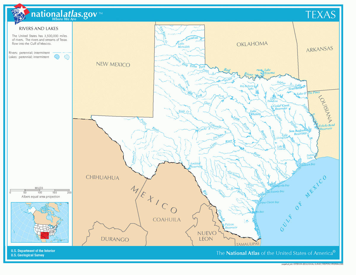 Map of rivers and lakes of Texas