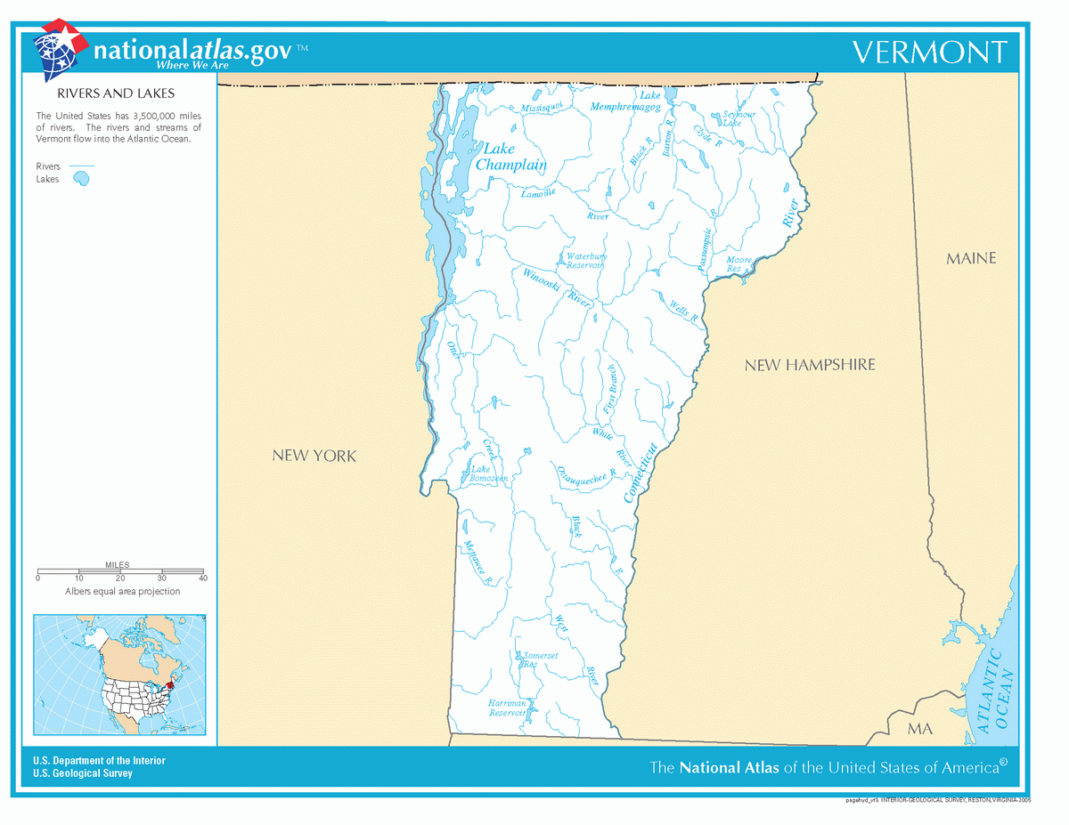 Map of rivers and lakes of Vermont