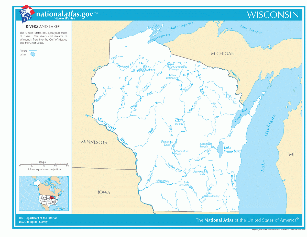 Map of rivers and lakes of Wisconsin