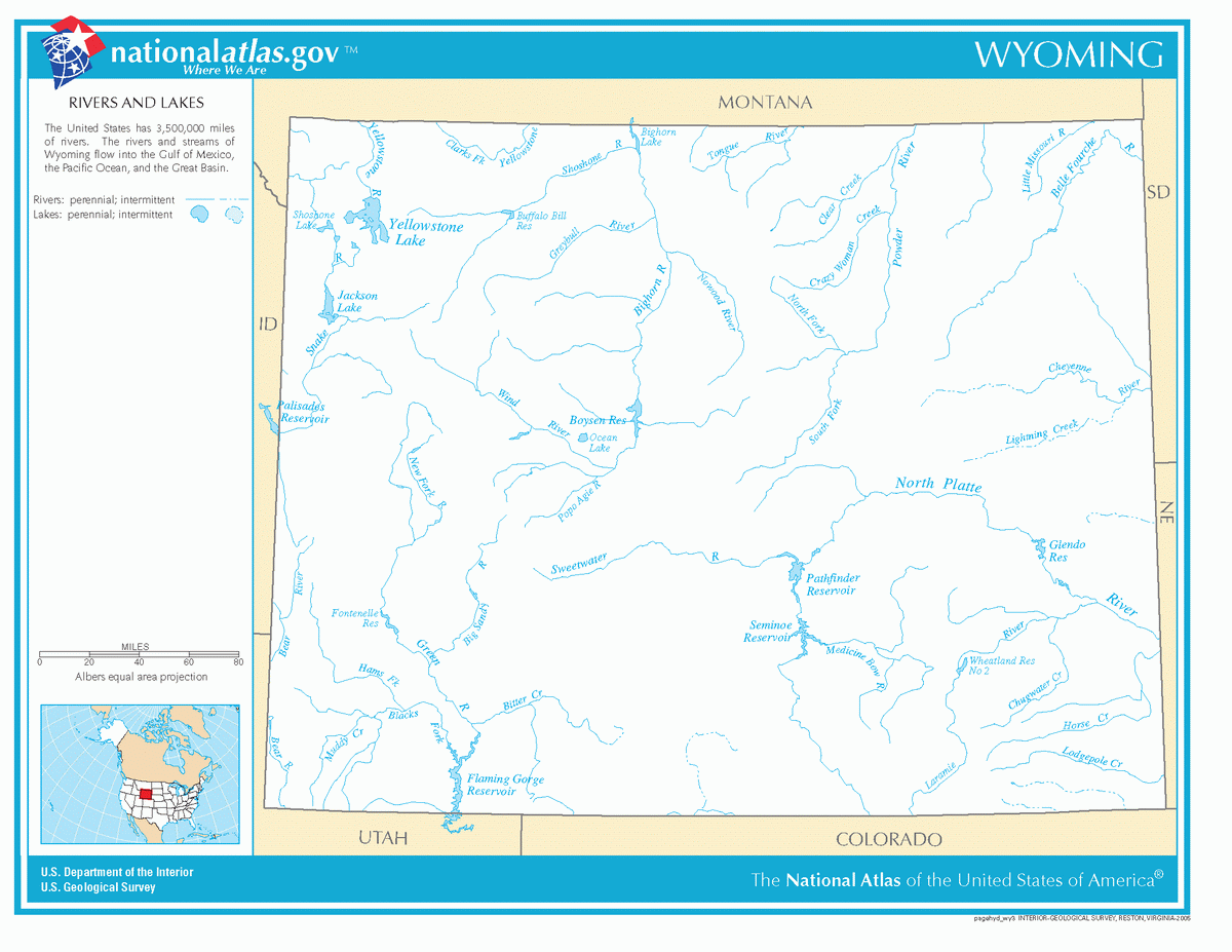 Map of rivers and lakes of Wyoming