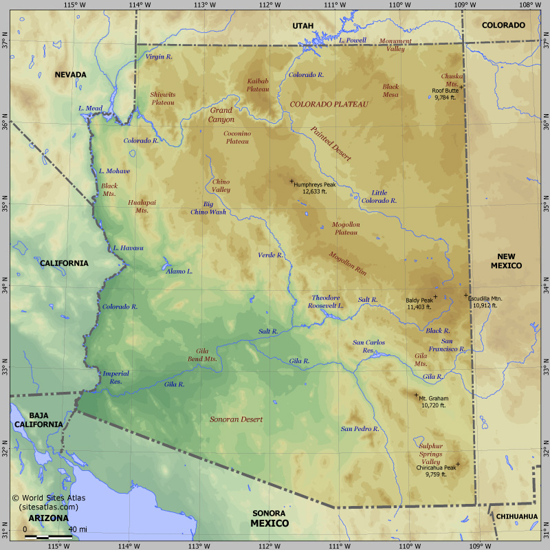 Map of relief of Arizona