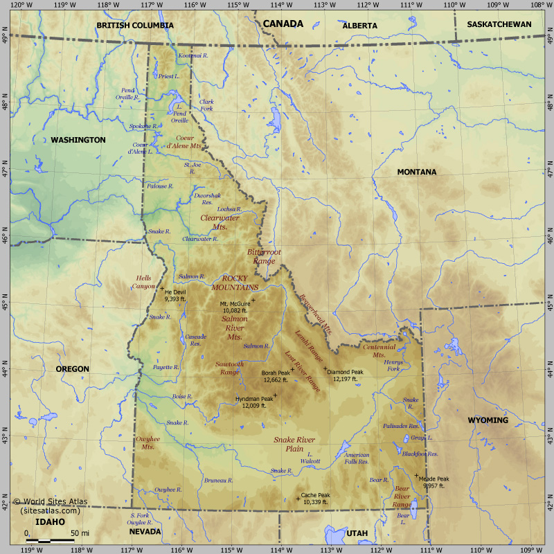 Map of relief of Idaho