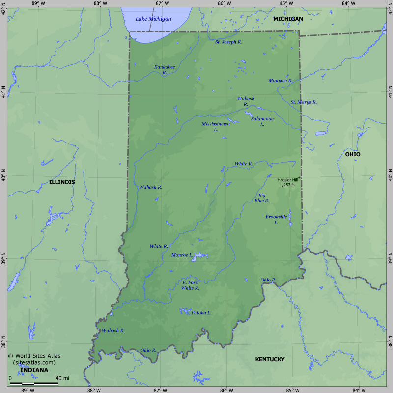 Map of relief of Indiana