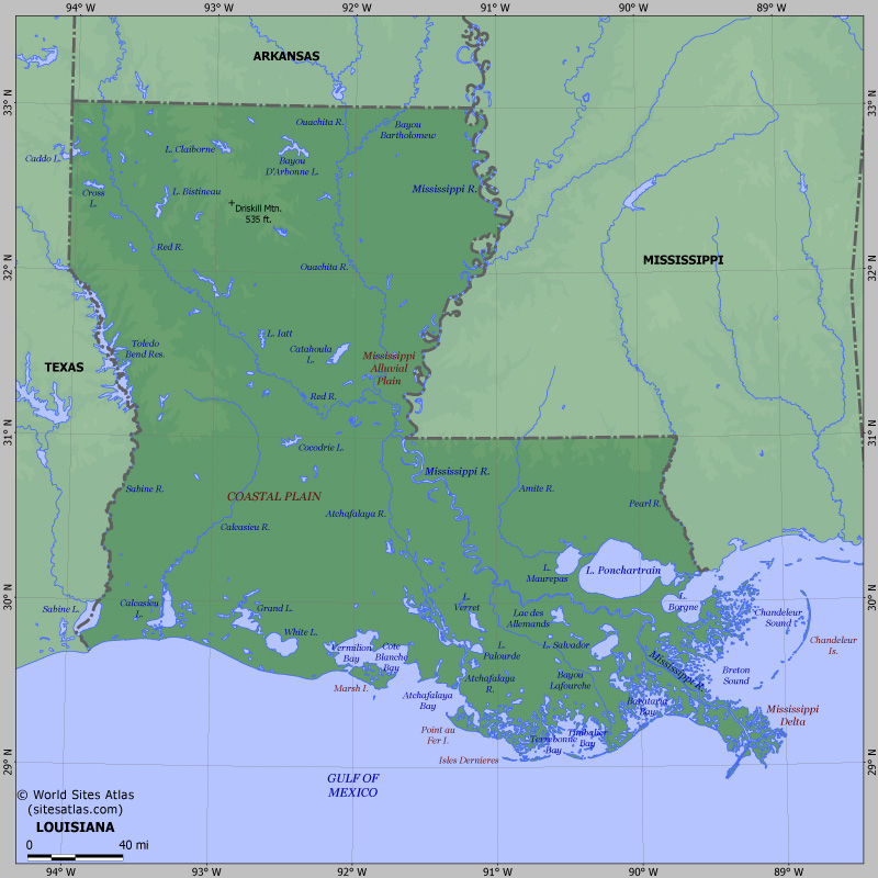 Map of relief of Louisiana