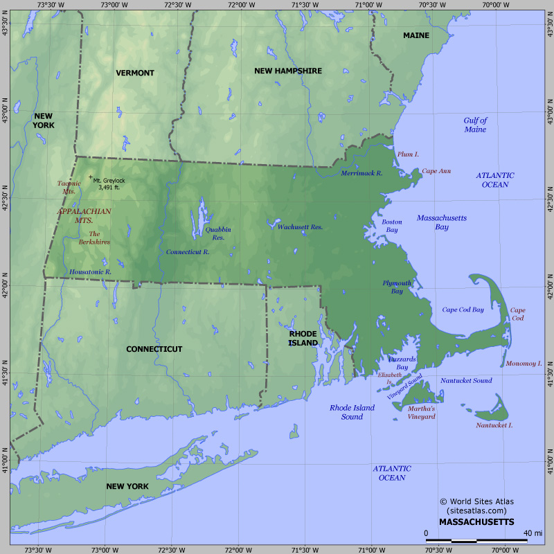 Map of relief of Massachusetts