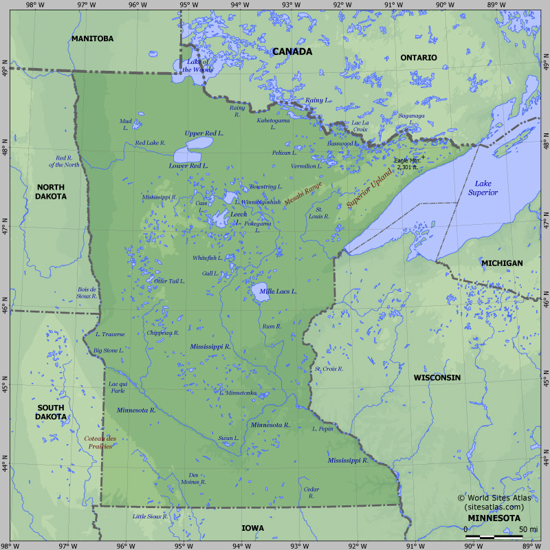 Map of relief of Minnesota