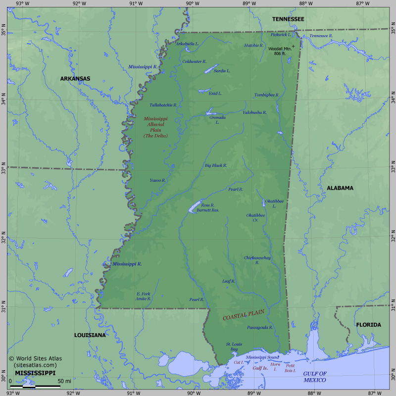 Map of relief of Mississippi