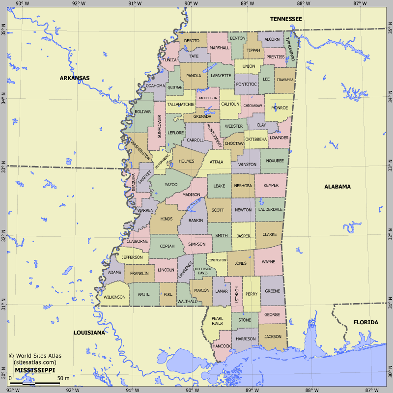 Map of division into districts of Mississippi