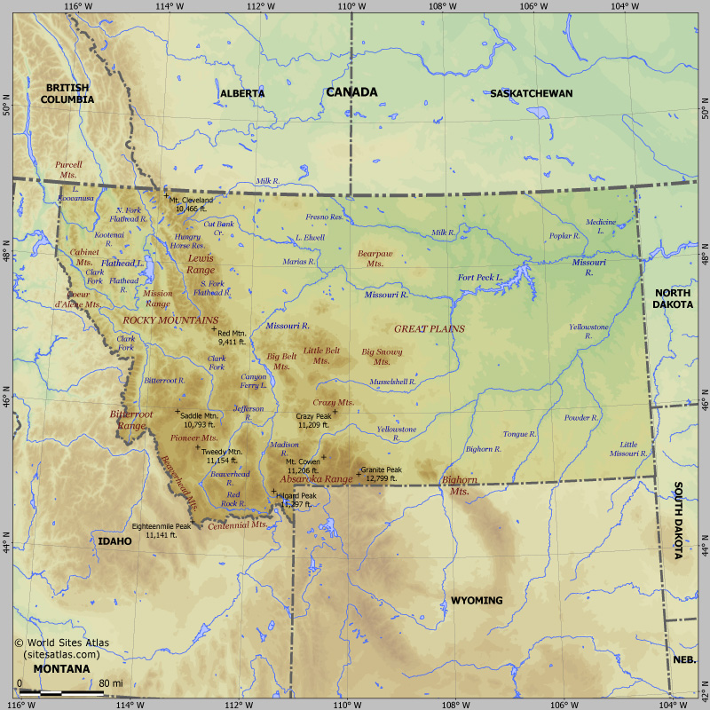 Map of relief of Montana