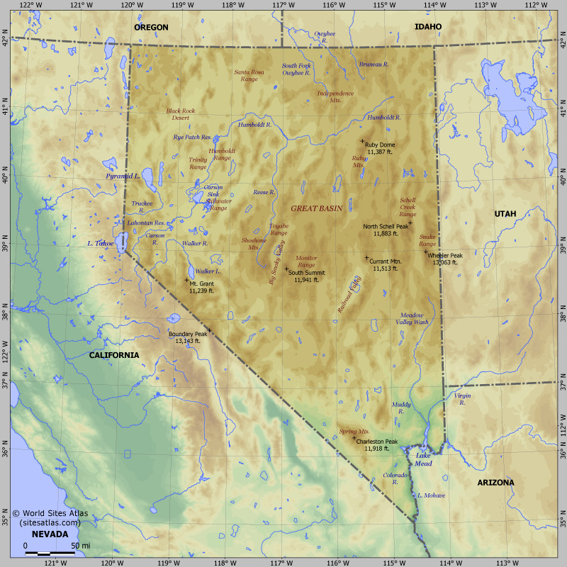 Map of relief of Nevada
