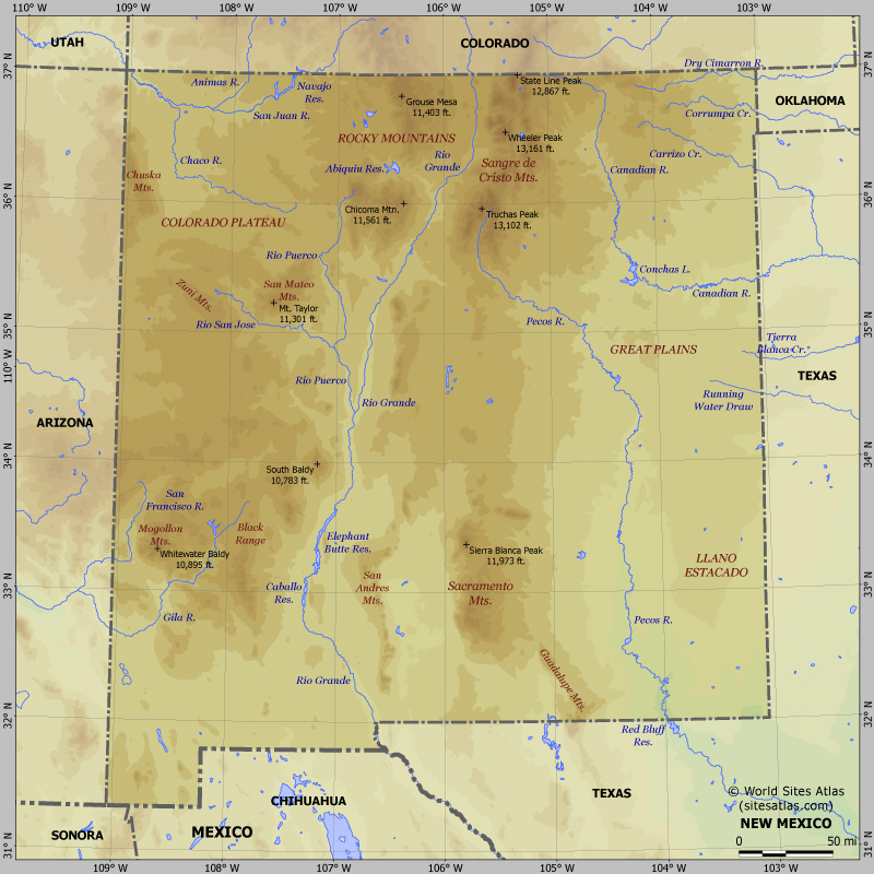 Map of relief of New Mexico