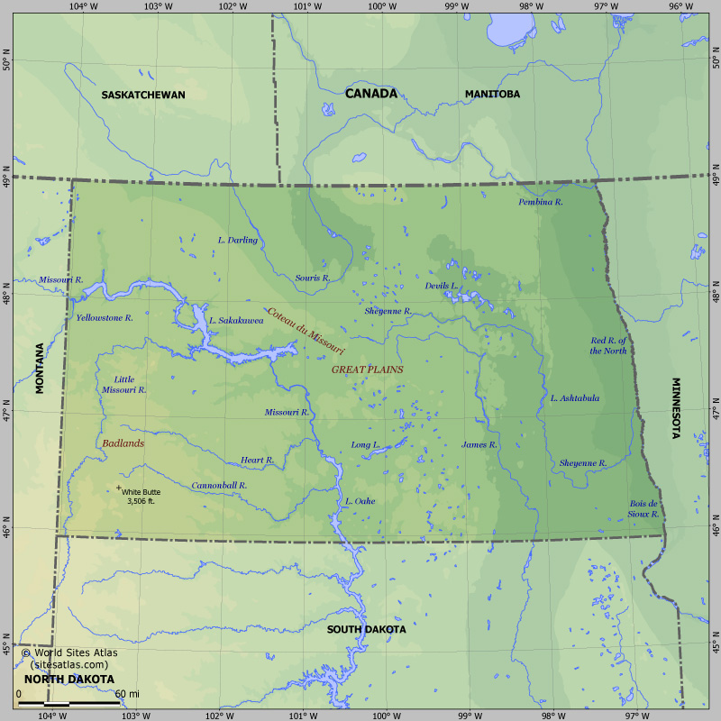 Map of relief of North Dakota