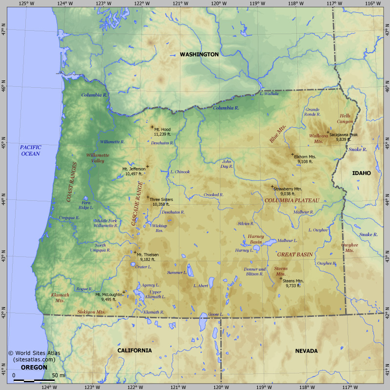 Map of relief of Oregon