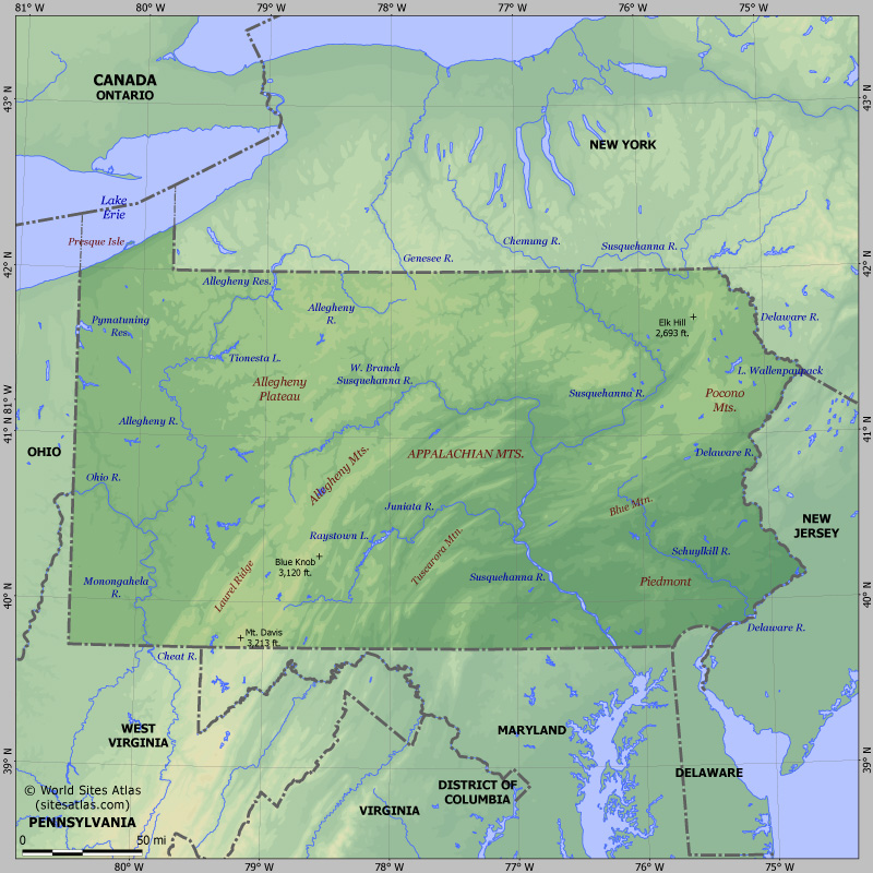 Map of relief of Pennsylvania