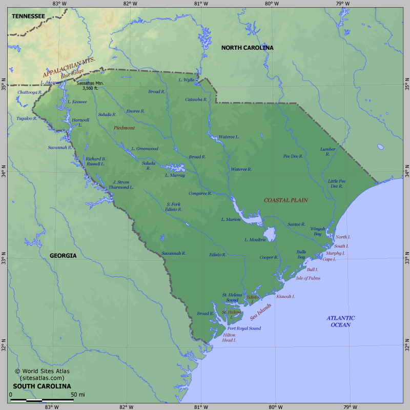 Map of relief of South Carolina