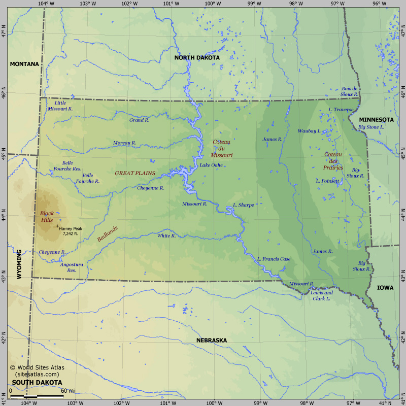 Map of relief of South Dakota